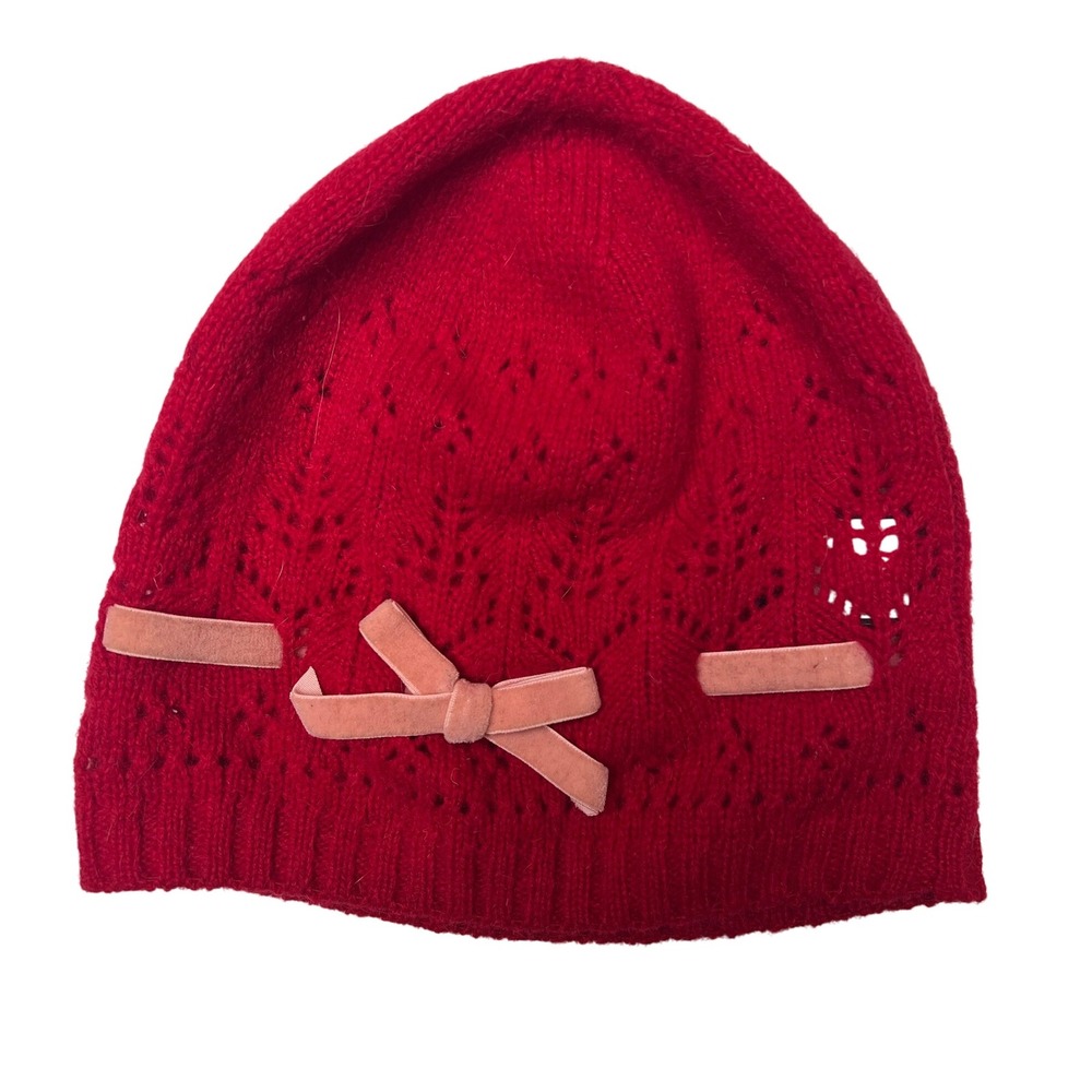 Gap Kids Red Knit Beanie Hat with Pink Velvet Bow One Size‎ Lambswool Blend